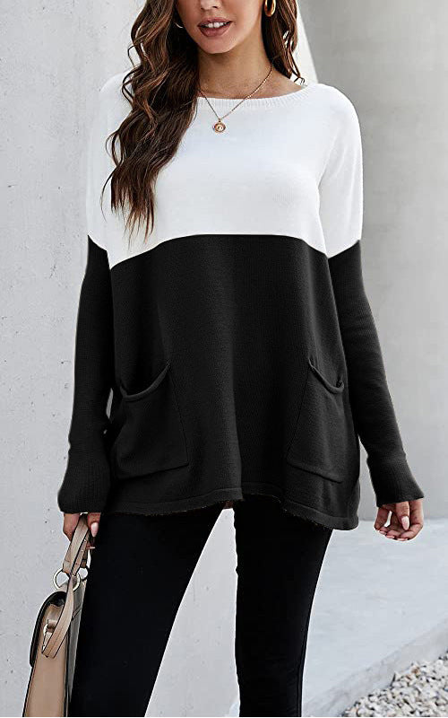 Street Wave Womens Colorblock Knit Sweater With Large Front Pockets Cozy Everyday Essential