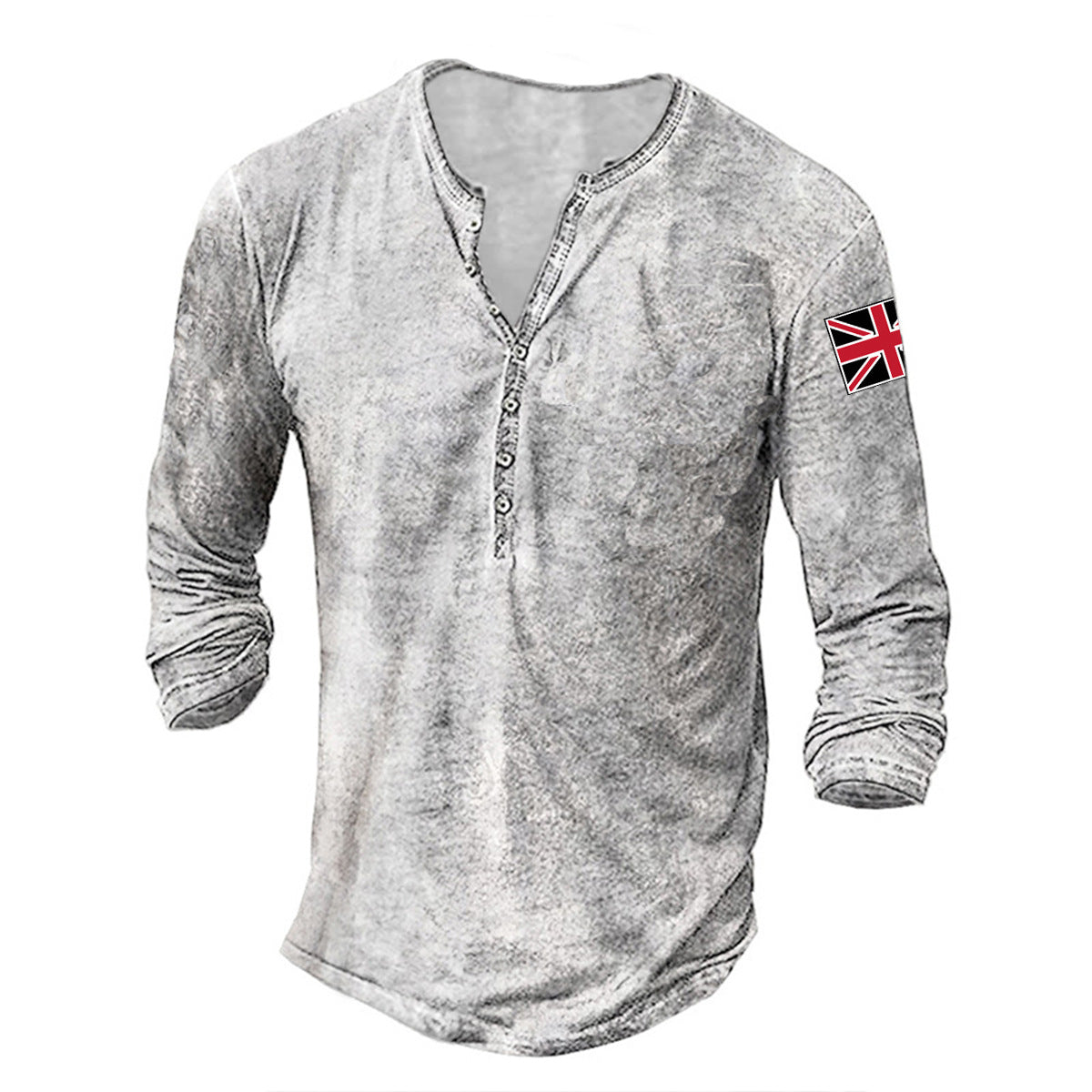 Streetwave Men's Long Sleeve Henley Shirt With Button Placket Union Jack Flag Patch