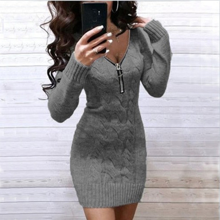 Street-Wave Women's Knit Dress With Zip Detail And Textured Cable Pattern For Chic All Occasions