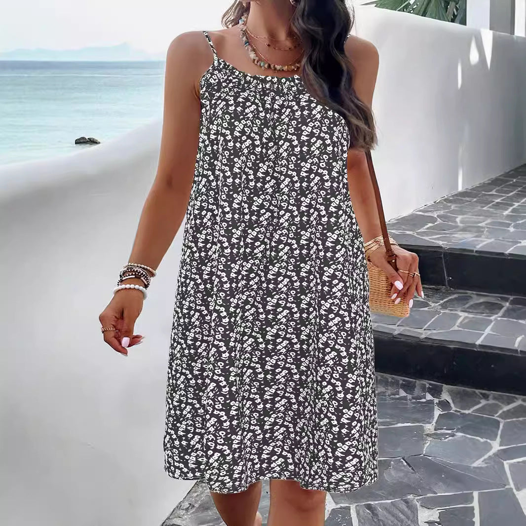 Street-Wave Floral Swing Dress Women Adjustable Straps