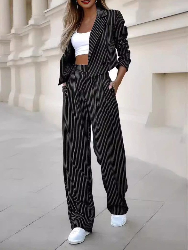 Street-wave Pinstripe Womens Business Suit Set Effortless Elegance Blazer And Trousers For Professionals Everywhere