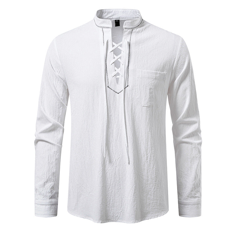 Street-Wave Men's Long Sleeve Henley Shirt With Lace Up Neckline Breathable Casual Office Wear