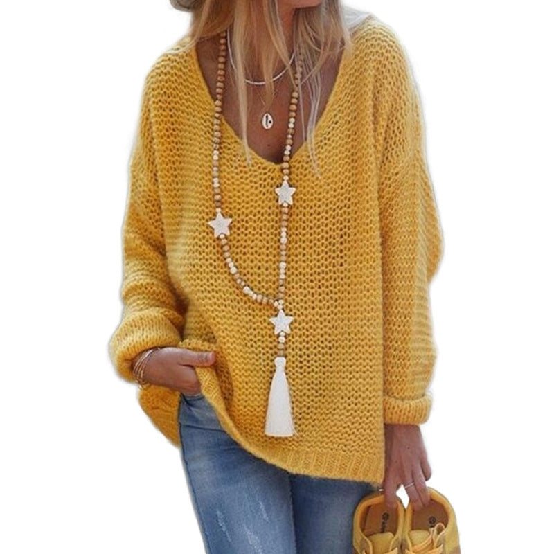 Street-Wave Womens Chunky Knit Sweater With Deep V-Neck Breathable Cotton Cozy Casual Fit