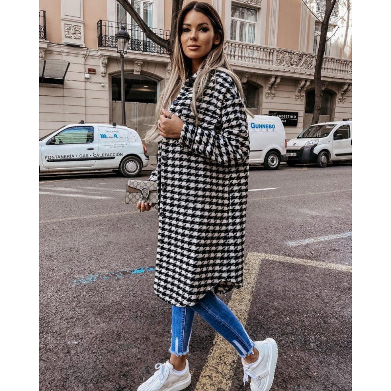 Street-wave Women Houndstooth Oversized Shirt Jacket Versatile Layering Chic Comfort And Street Style