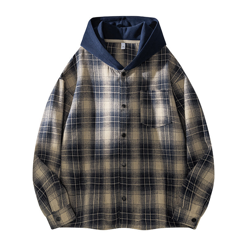 Street-wave Men's Hooded Plaid Shirt Jacket Lined Warm Casual Streetwear Versatile Outer Layer