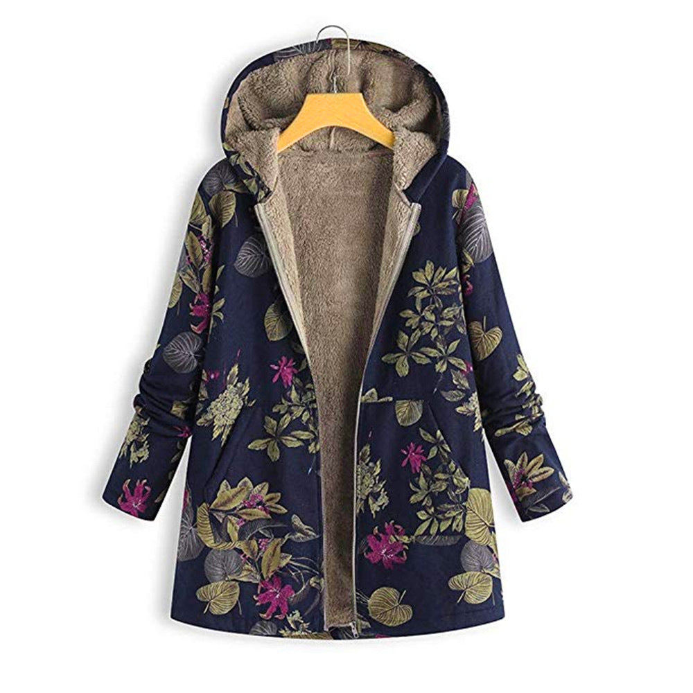 Street-wave Floral Print Hooded Coat With Plush Fleece Lining For Women Cozy Warm And Chic