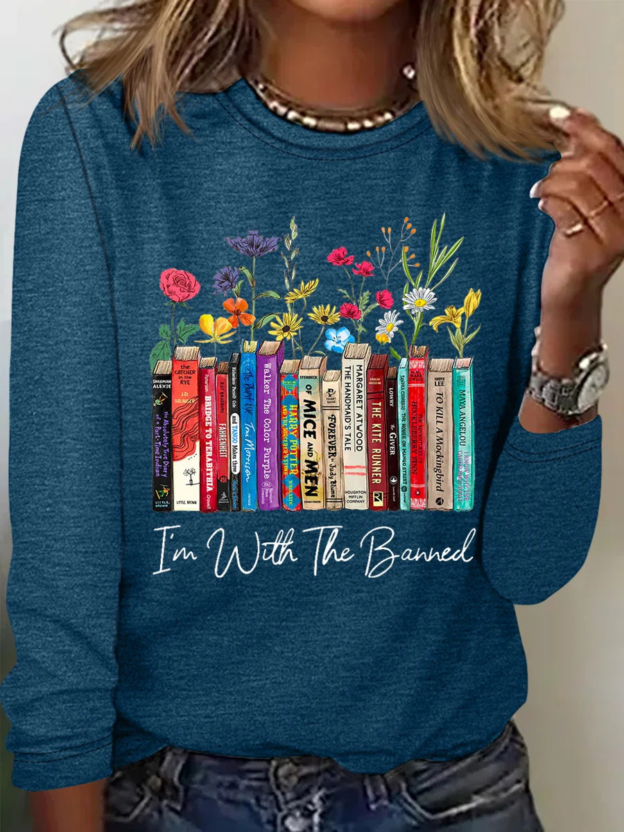 Streetwave Womens Long Sleeve Shirt With Books And Flowers Print For Book Lovers Soft Comfort