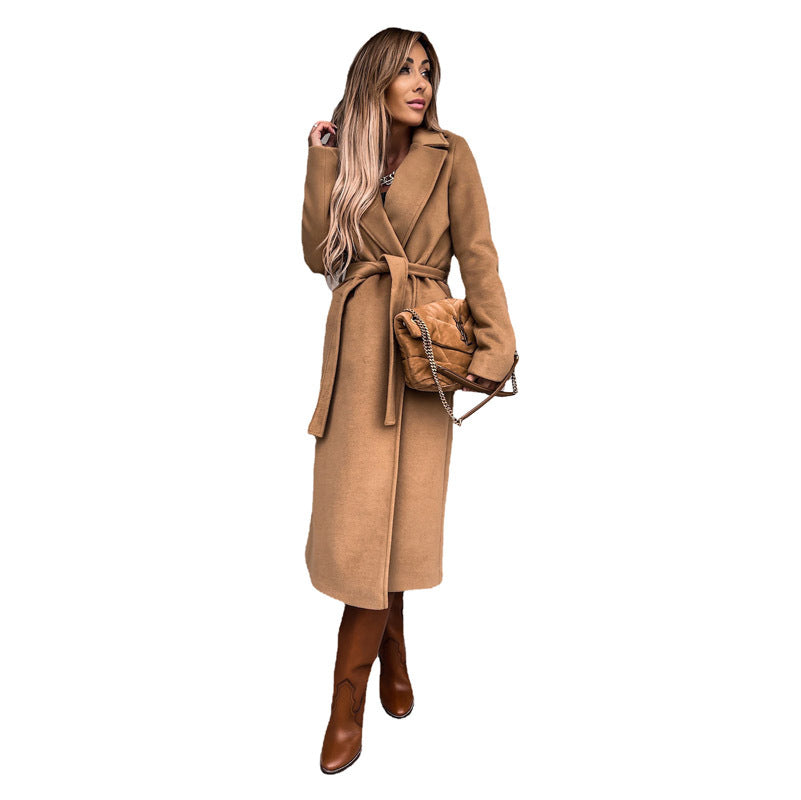 Street-Wave Womens Elegant Long Coat With Belt And Pockets Timeless Warm Outerwear For Chic Women