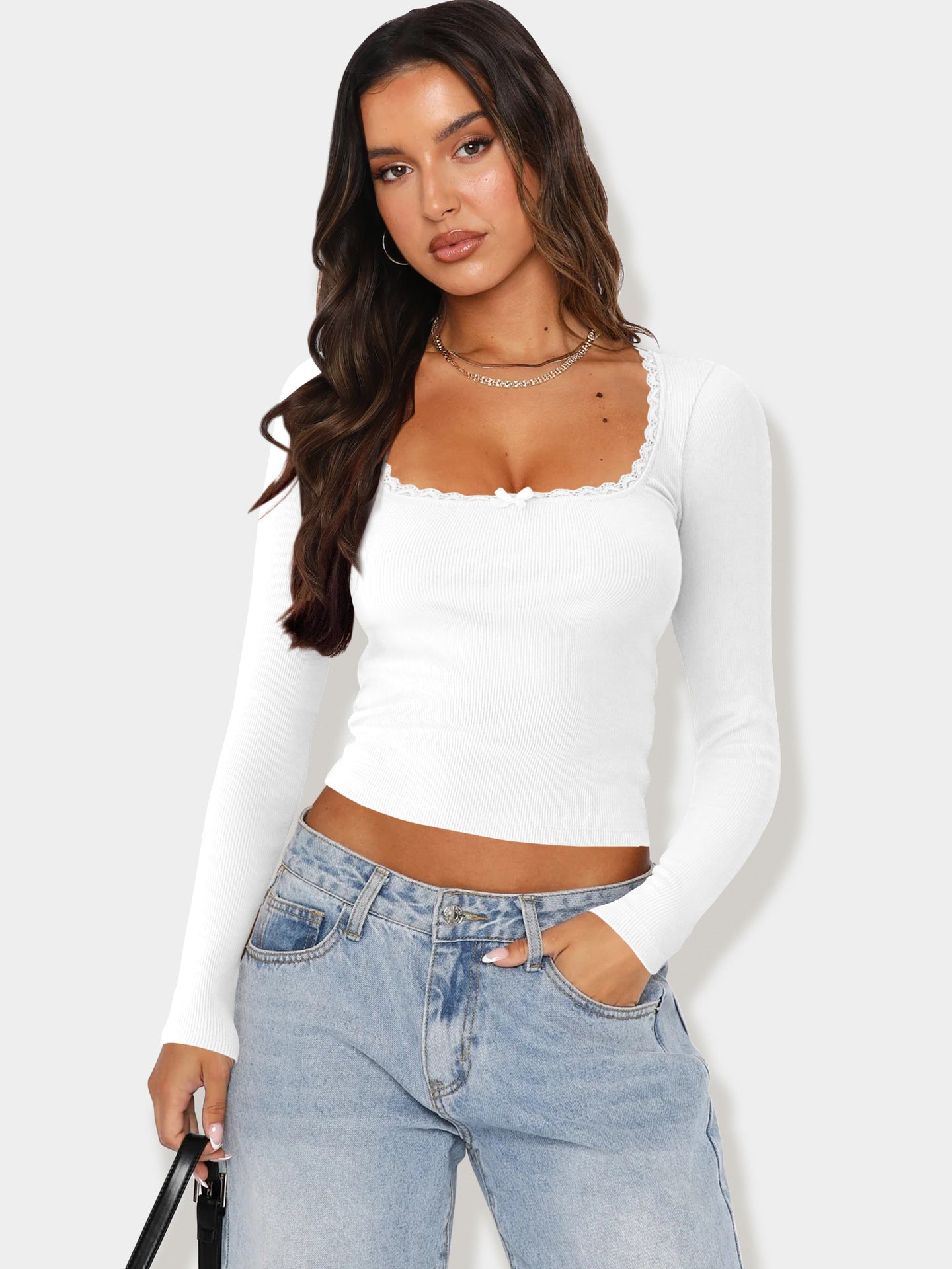 Street Wave Women's Lace Trim Long Sleeve Top With Figure Flattering Fit For Everyday Glam And Versatility