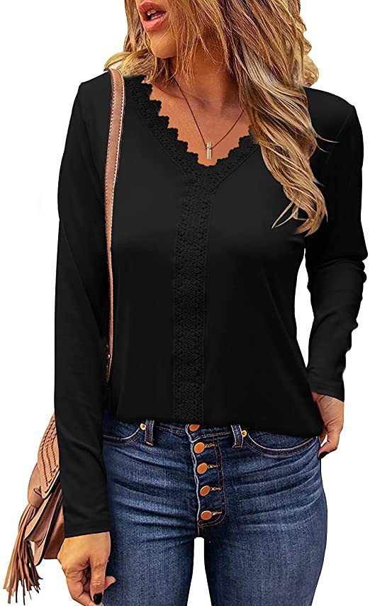 Street-wave Women Elegant V-Neck Lace Trim Long Sleeve Top - Versatile Chic Office To Weekend Wear
