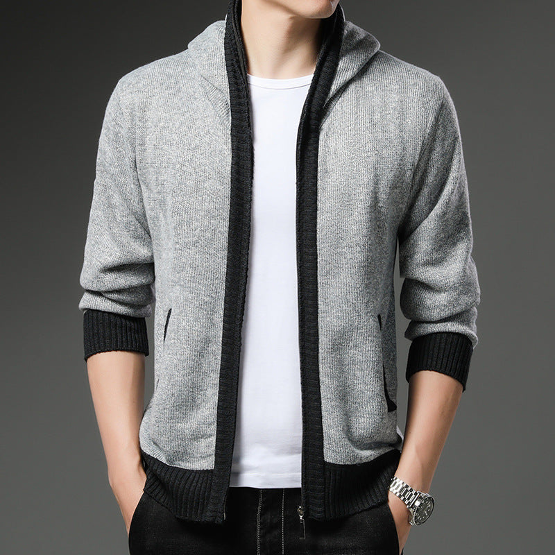 Street Wave Men Hooded Cardigan With Black White Accents Modern Knitwear Comfort Fit