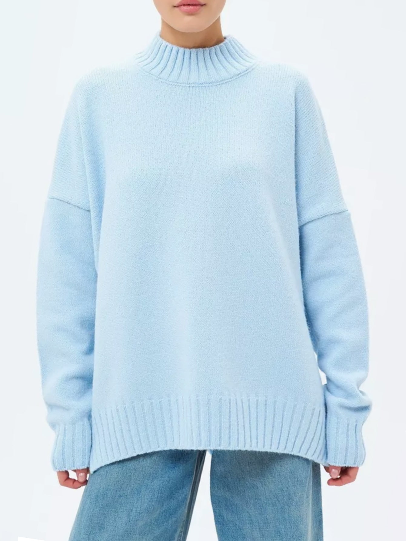 Street Wave Oversized Ribbed Knit Pullover For Women With Effortless Dropped Shoulders And Semi High Neck