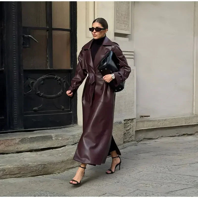 Street Wave Women's Faux Leather Trench Coat With Belted Waist Elegant Timeless Chic Outerwear