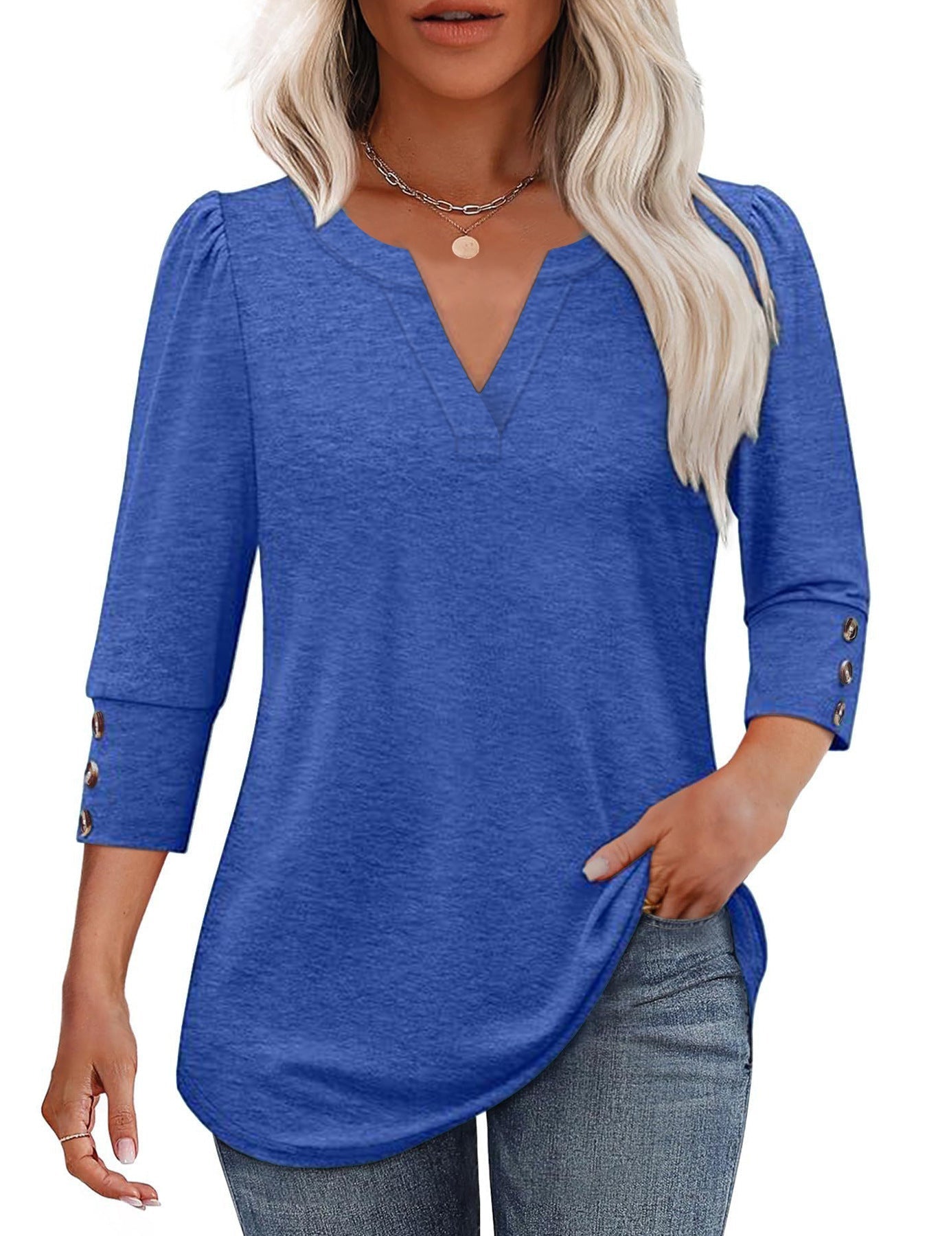 Street-wave Women's V-Neck Blouse With Decorative Button Details For Everyday Chic