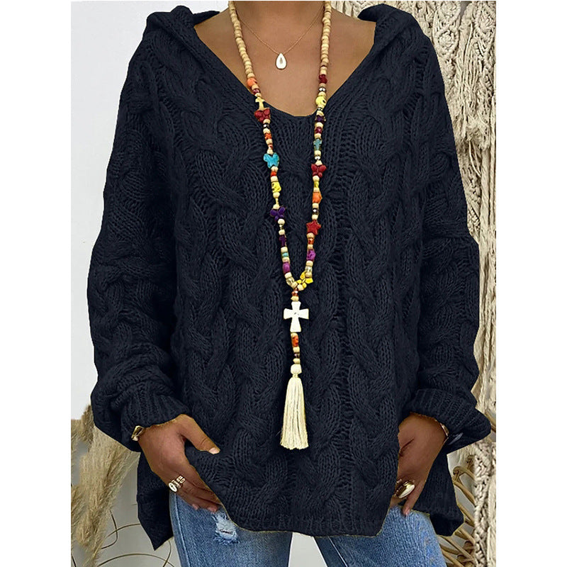Streetwave Womens Chunky Knit Hoodie With V Neck And Decorative Drawstring For Cozy Everyday Comfort