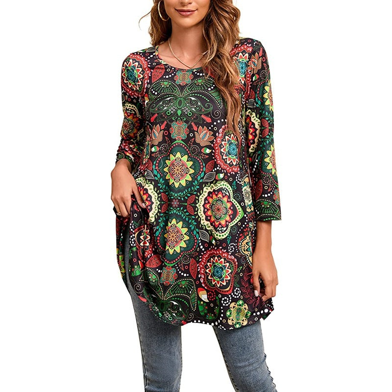Street Wave Mandala Print Tunic For Women Comfortable Boho Everyday Top With Unique Mandala Design