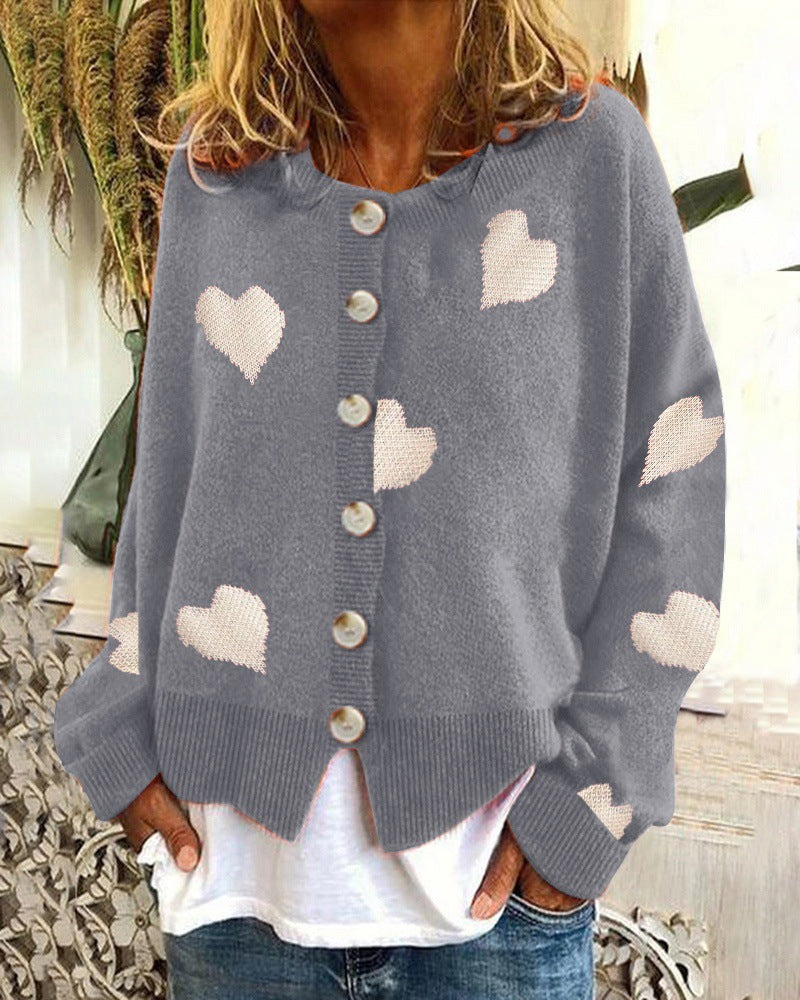 Street Wave Women's Heart Pattern Knit Cardigan With Button Front Cozy Cotton Blend