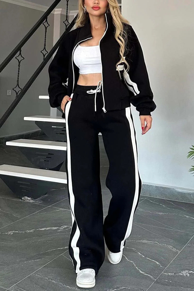 Street-Wave Stylish Cropped Zip Up Hoodie And Track Pants Set With Red Stripes For Women