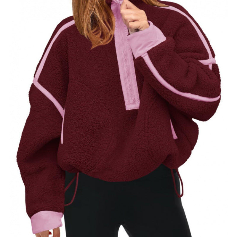 Street-wave Womens Fleece Pullover Half Zip With Contrast Sleeves For Cozy Warmth And Everyday Comfort