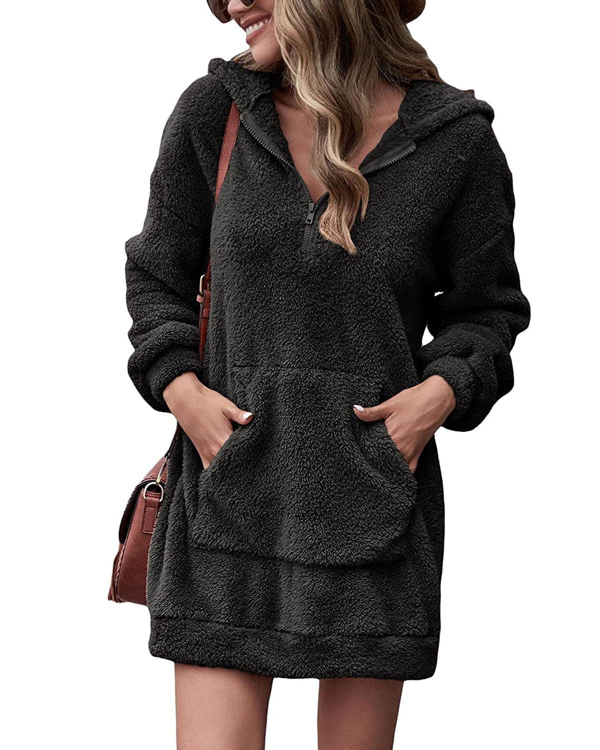 Street Wave Cozy Hoodie Dress For Women With Pockets And Half Zip Soft Comfort Everyday Wear