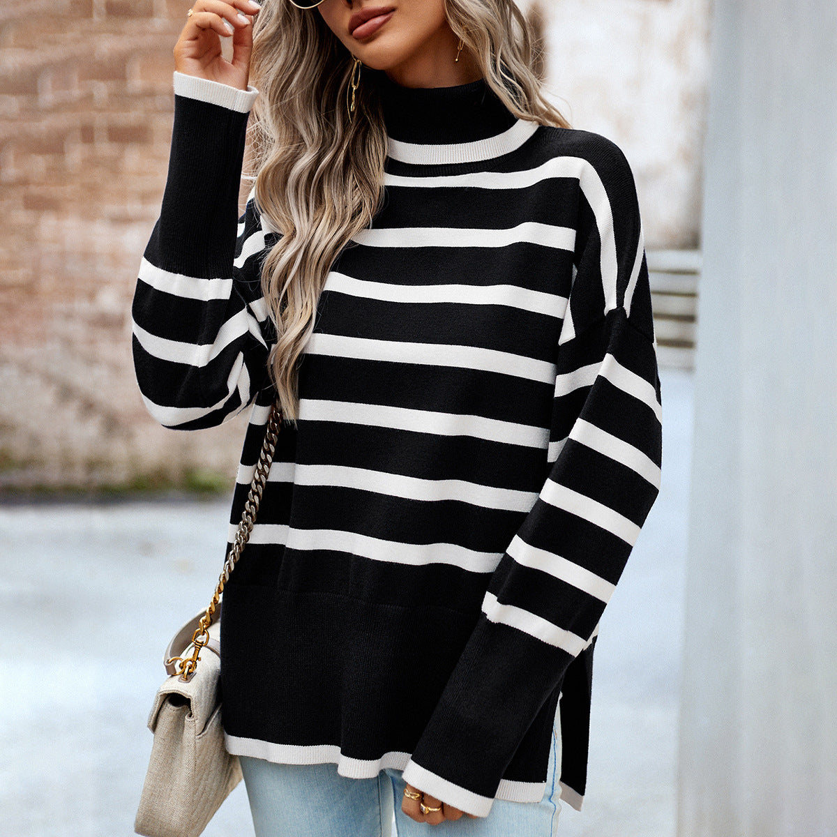 Street-wave Striped Turtleneck Winter Sweater For Women Cozy Warmth And Effortless Everyday Style