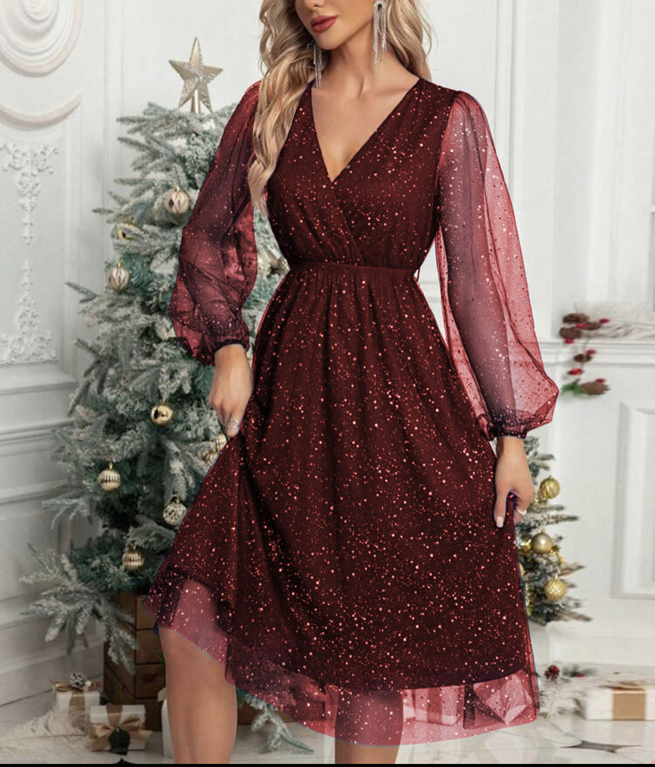 Street Wave Glamorous Women's Midi Dress With Sheer Puff Sleeves And Sparkling Sequin Pattern