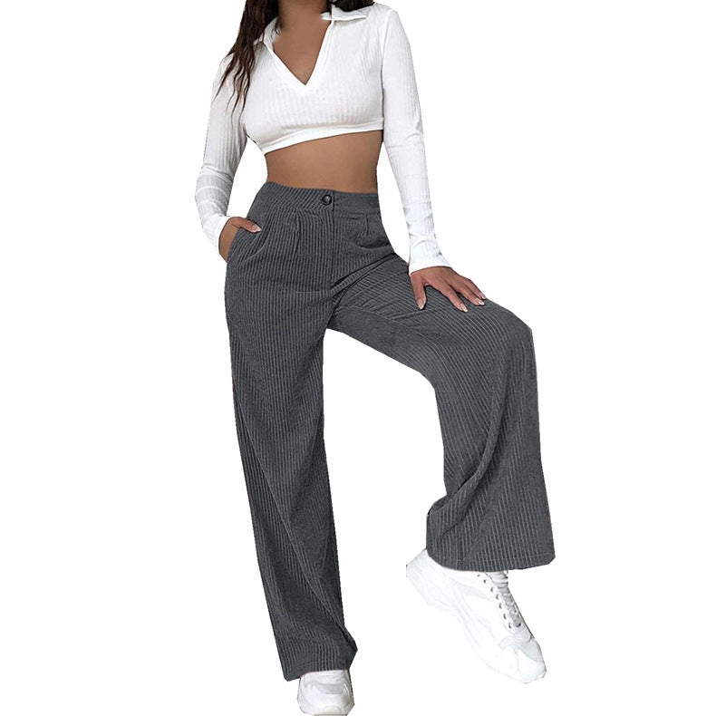Corduroy Wide-Leg Pants Street-wave High-Waist For Women