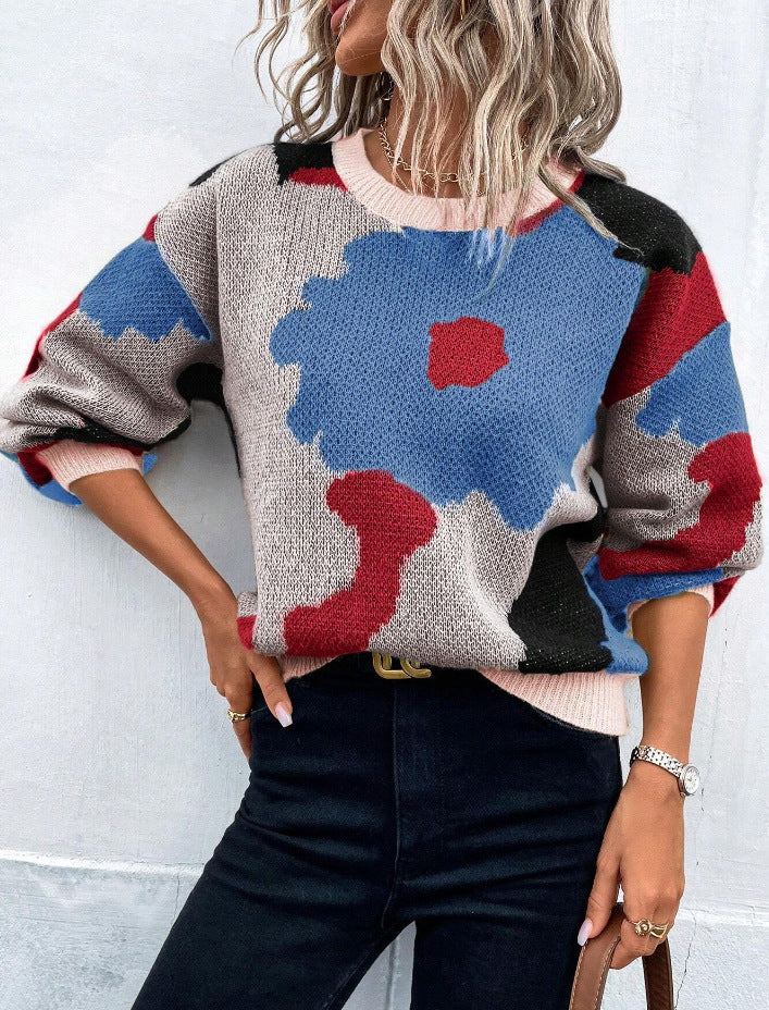 Street-wave Patterned Balloon Sleeve Knit Sweater Bold Relaxed Fit Round Neck For Women