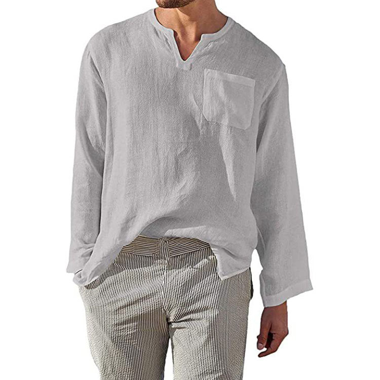 Street-Wave Men's Linen Henley Shirt Long Sleeve With Chest Pocket Breathable Comfort