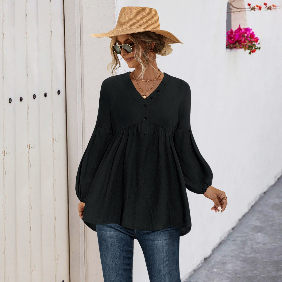 Street Wave Womens Blouse Shirt With Button Details And V Neck Relaxed Fit For Everyday Wear