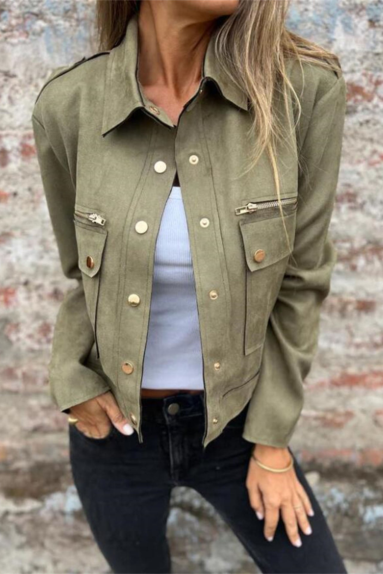 Street-Wave Metal Zip Lapel Jacket For Streetwear Fans Olive Green Long Sleeve Outerwear
