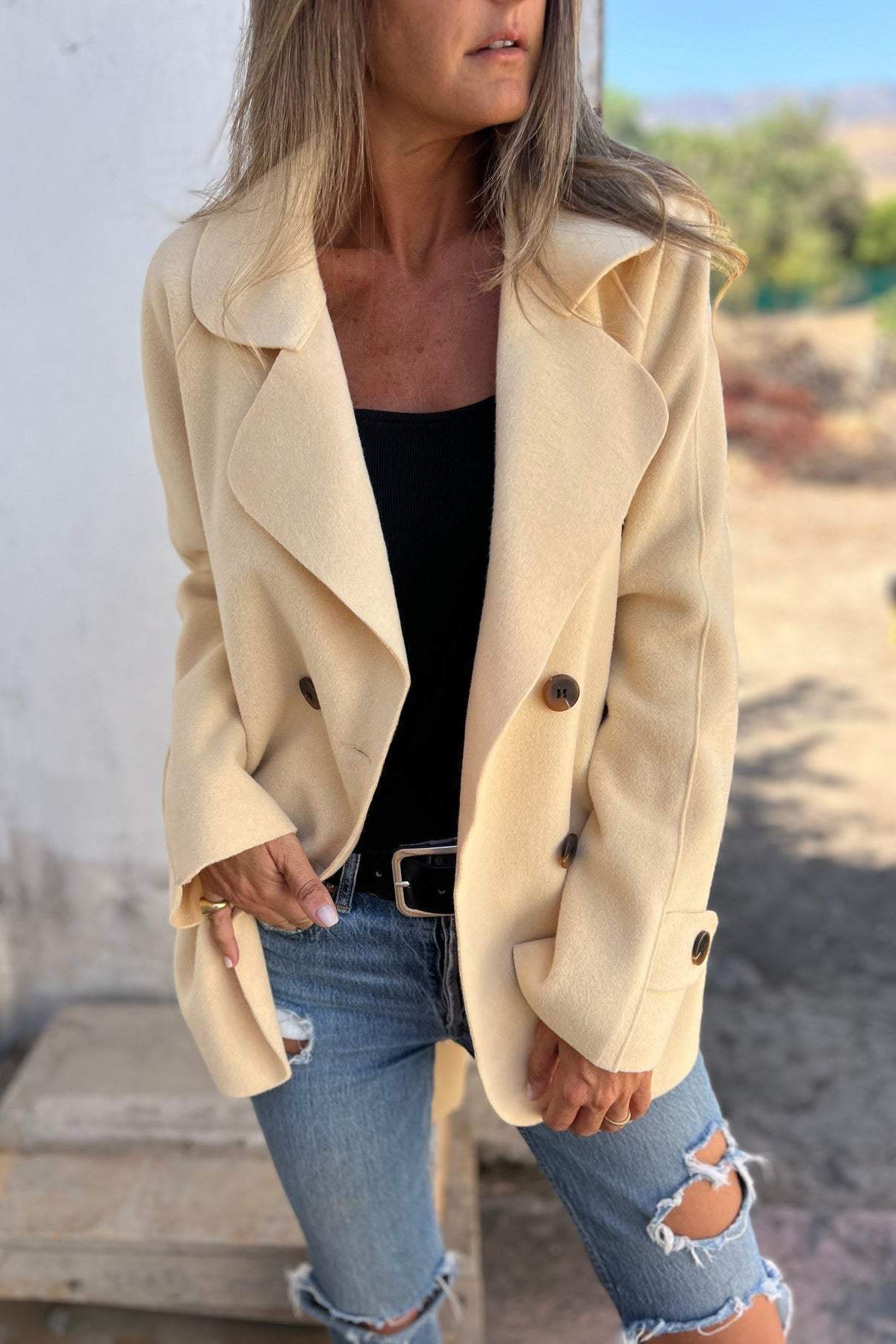 Streetwave Long Sleeve Wool Coat With Button Front And Timeless Lapel For Modern Women