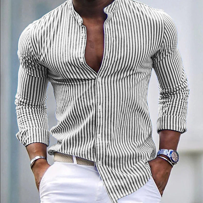 Streetwave Mens Striped Long Sleeve Shirt With Modern Stand Collar Versatile Comfort