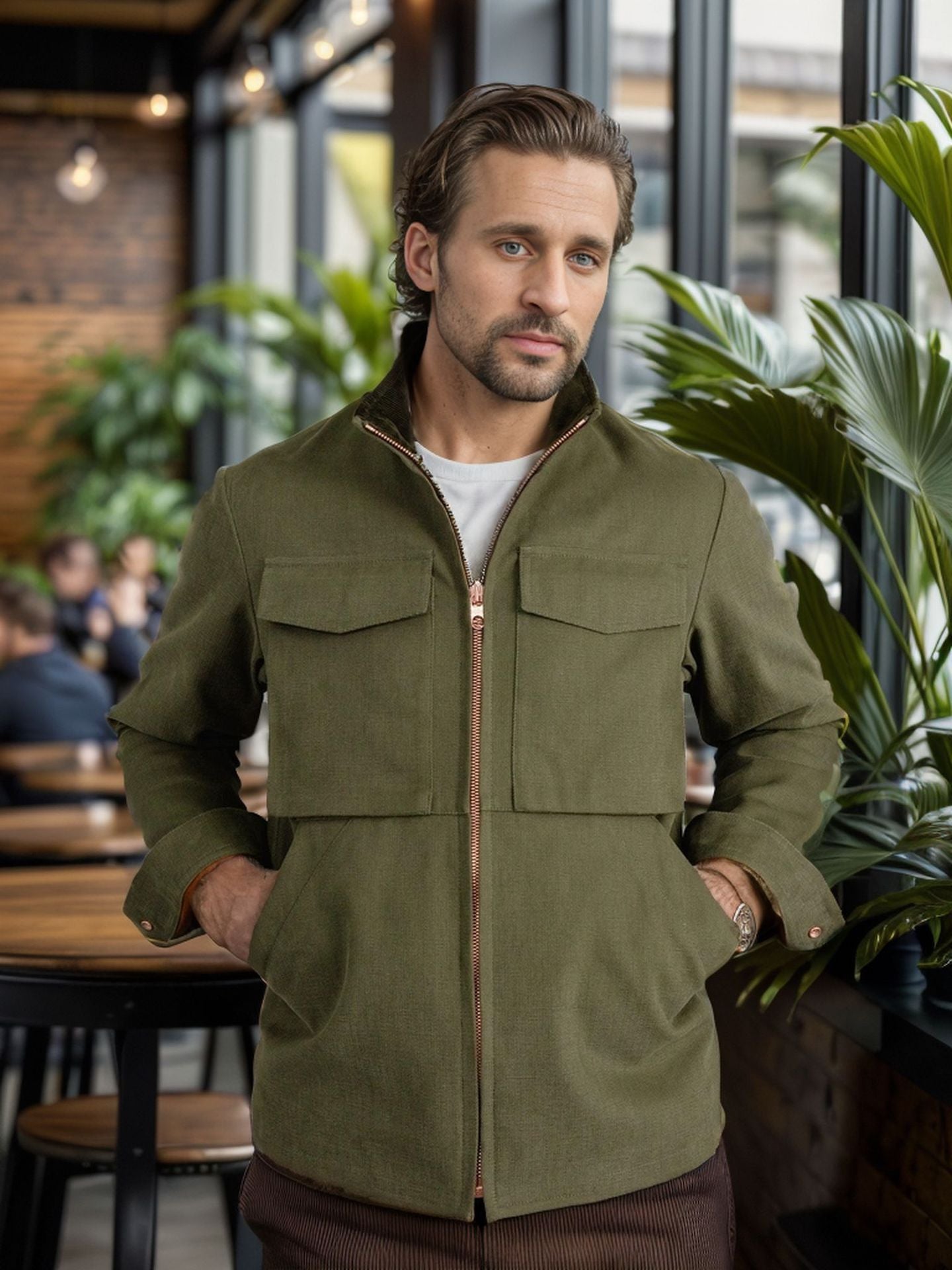 Street Wave Men's Utility Jacket Durable Olive Green With Large Front Pockets For Everyday Versatile Style