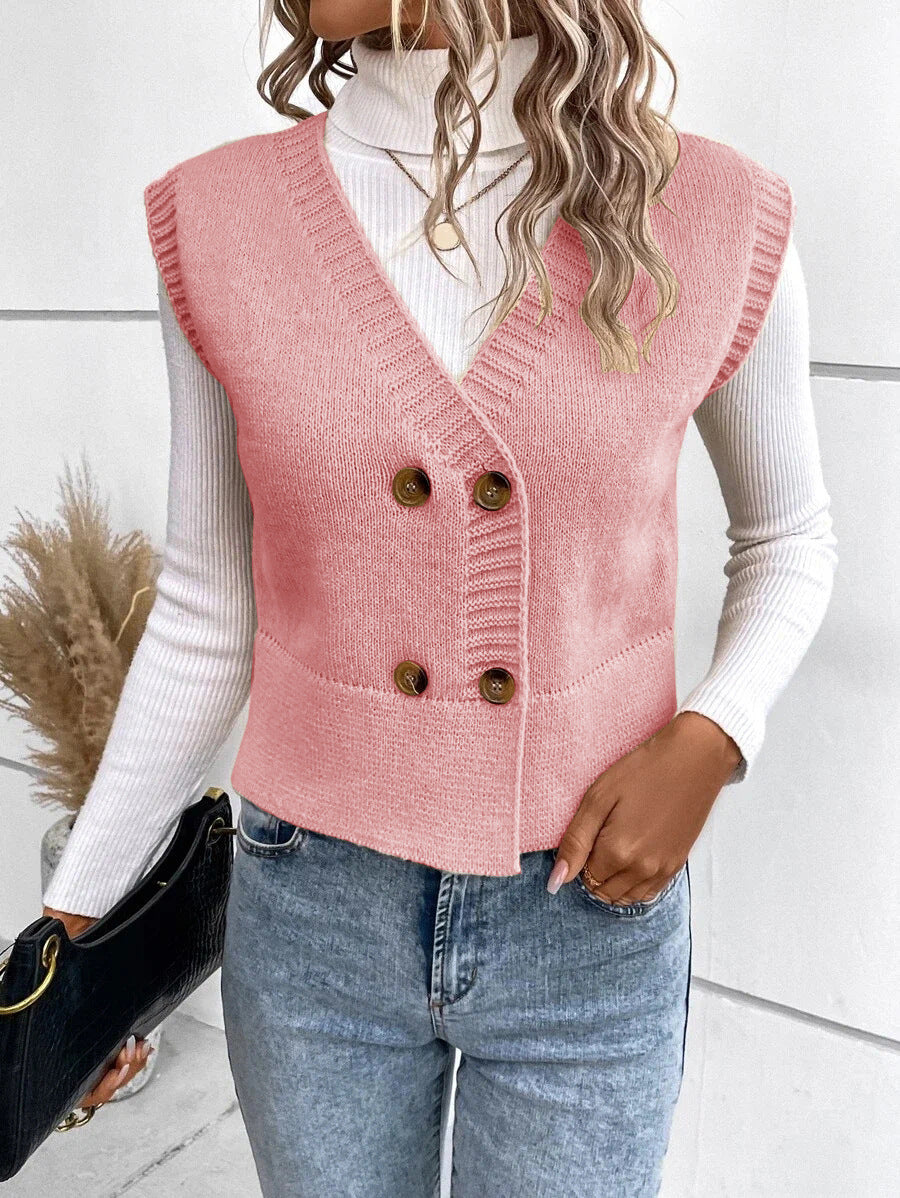 Street-Wave Women's Knit Vest With Double Button Placket And V-Neck For Layering