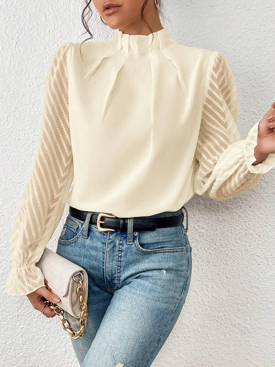 Street-wave Pleated Collar Blouse With Sheer Sleeves For Women, Chic Versatile Top
