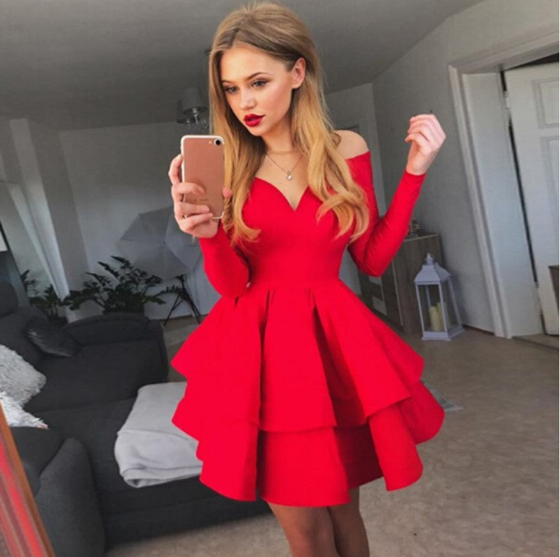 Street Wave Off Shoulder Cocktail Dress With Layered Ruffles And Deep V Neck For Women