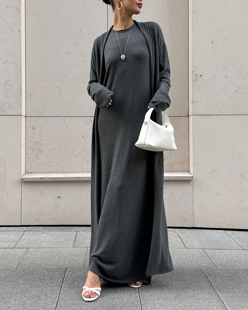 Street-wave Knit Cardigan Dress Set For Women Soft Layered Look With Long Sleeves Comfort