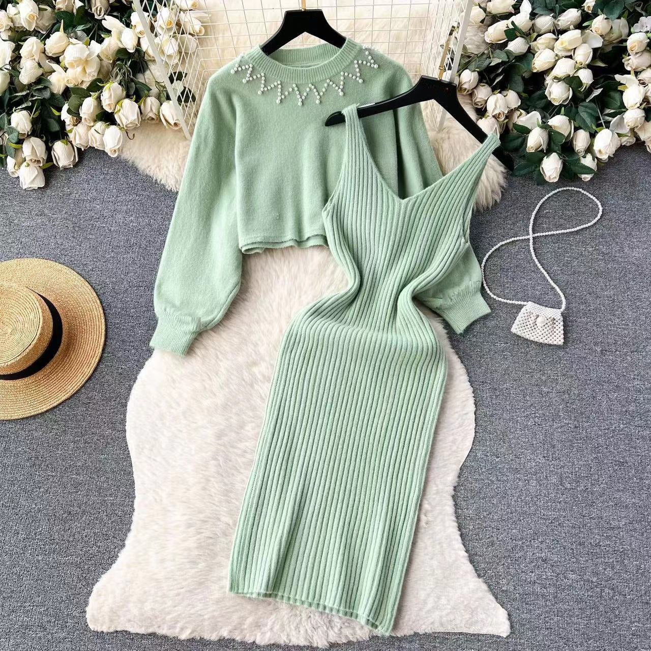 Street-Wave Women Knit Dress Set Featuring Refined Rib Texture And Chic Crop Sweater For Elegant Everyday Look