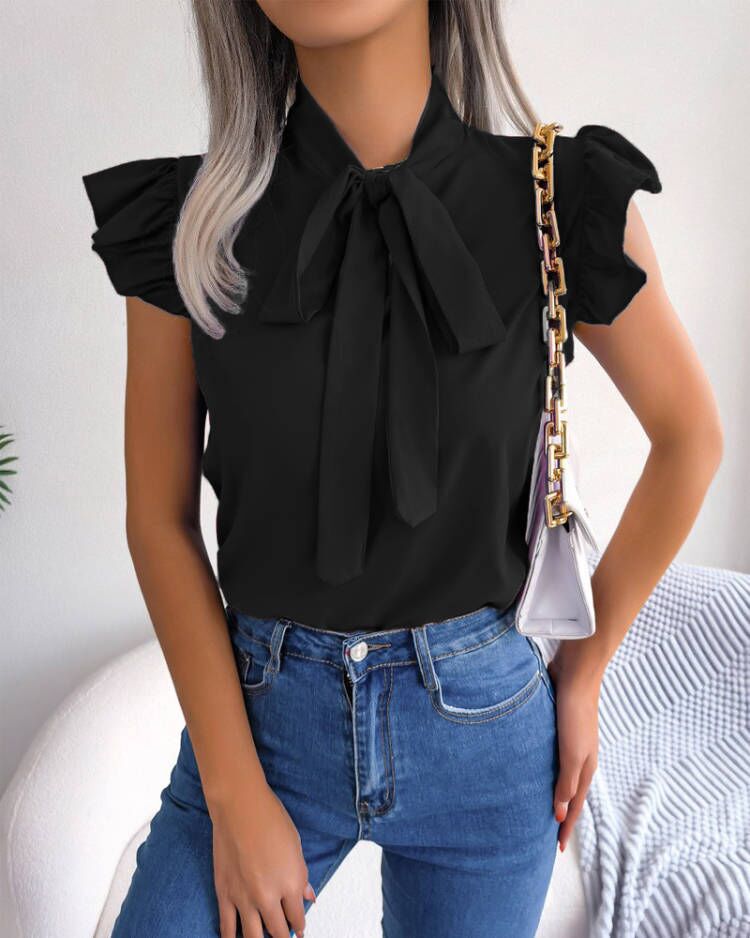 Street Wave Womens Blouse With Ruffle Details And Bow Neckline Elegant Chic Everyday Top