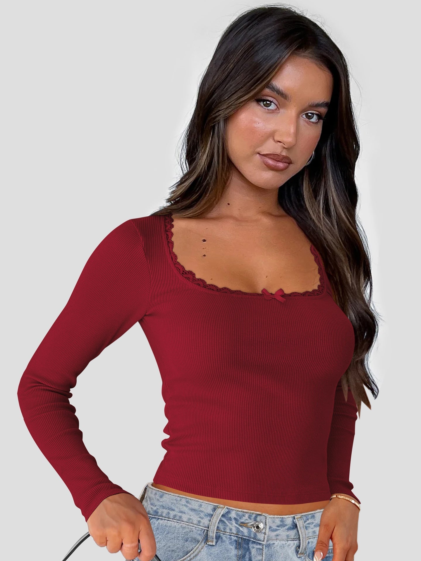Street Wave Women's Lace Trim Long Sleeve Top With Figure Flattering Fit For Everyday Glam And Versatility