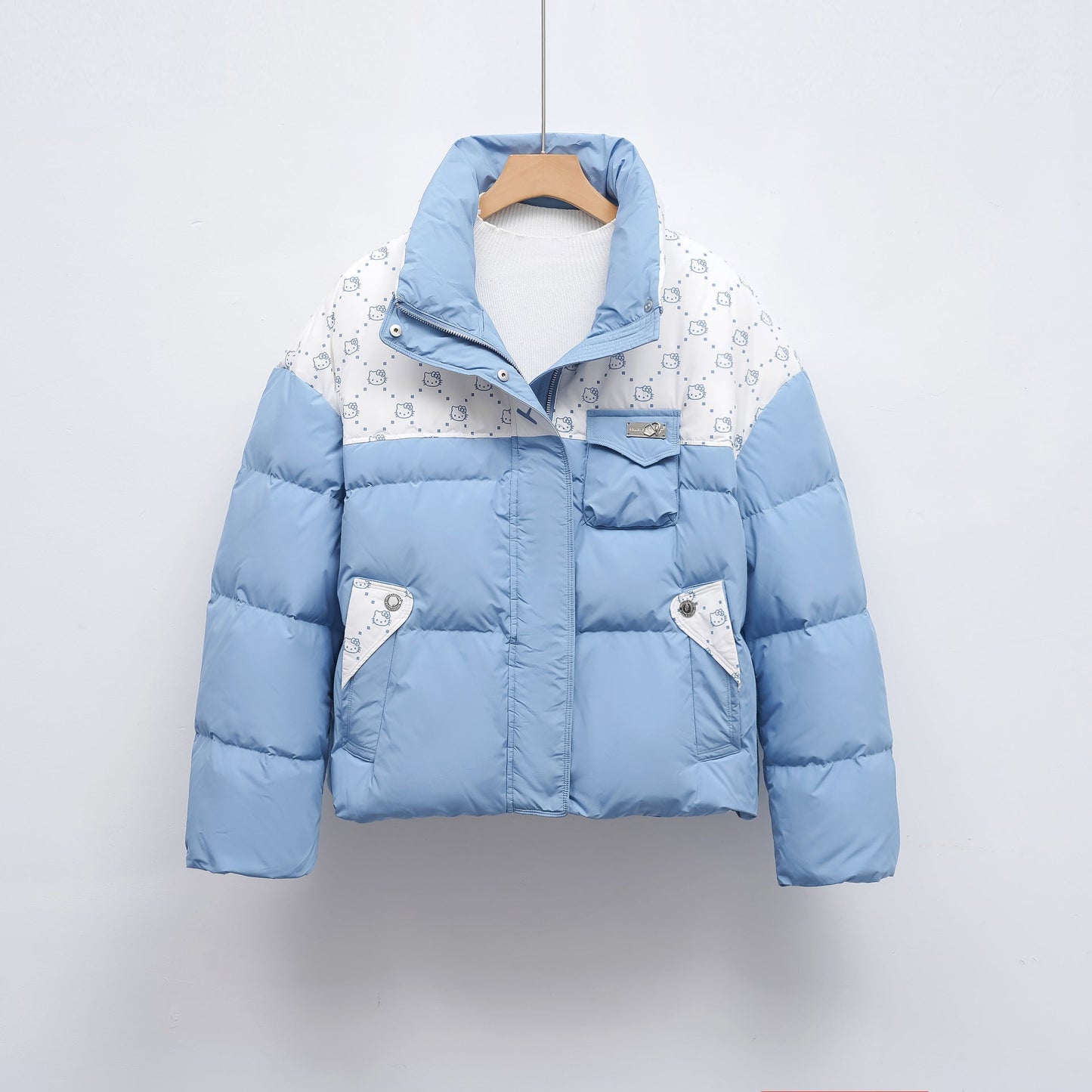 Streetwave Womens Puffer Jacket With High Collar And Hello Kitty Pattern Cozy Lined Winter Coat