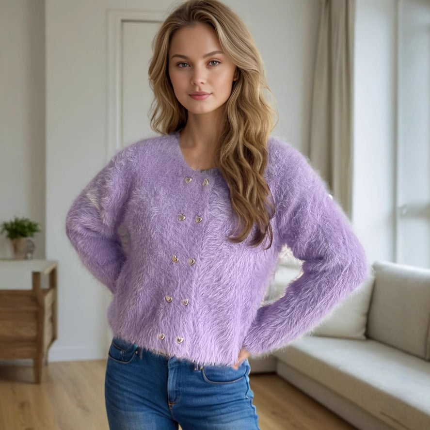 Street-wave Women Fluffy Cardigan With Heart Shaped Buttons Cozy Loose Fit For Relaxed Evenings