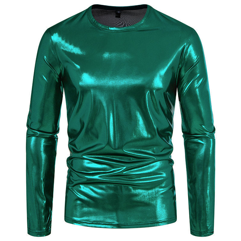 Street-Wave Men's Metallic Long Sleeve Shirt In Shiny Stretch Fabric For Glam Party Ready