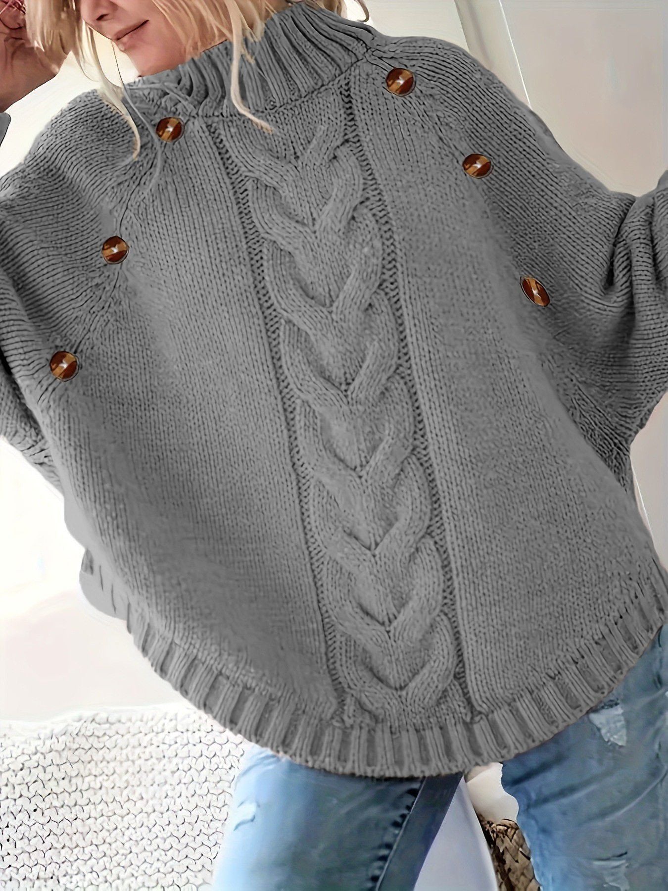 Women Oversized Cable Knit Sweater With High Collar And Button Details Streetwave Cozy Warmth
