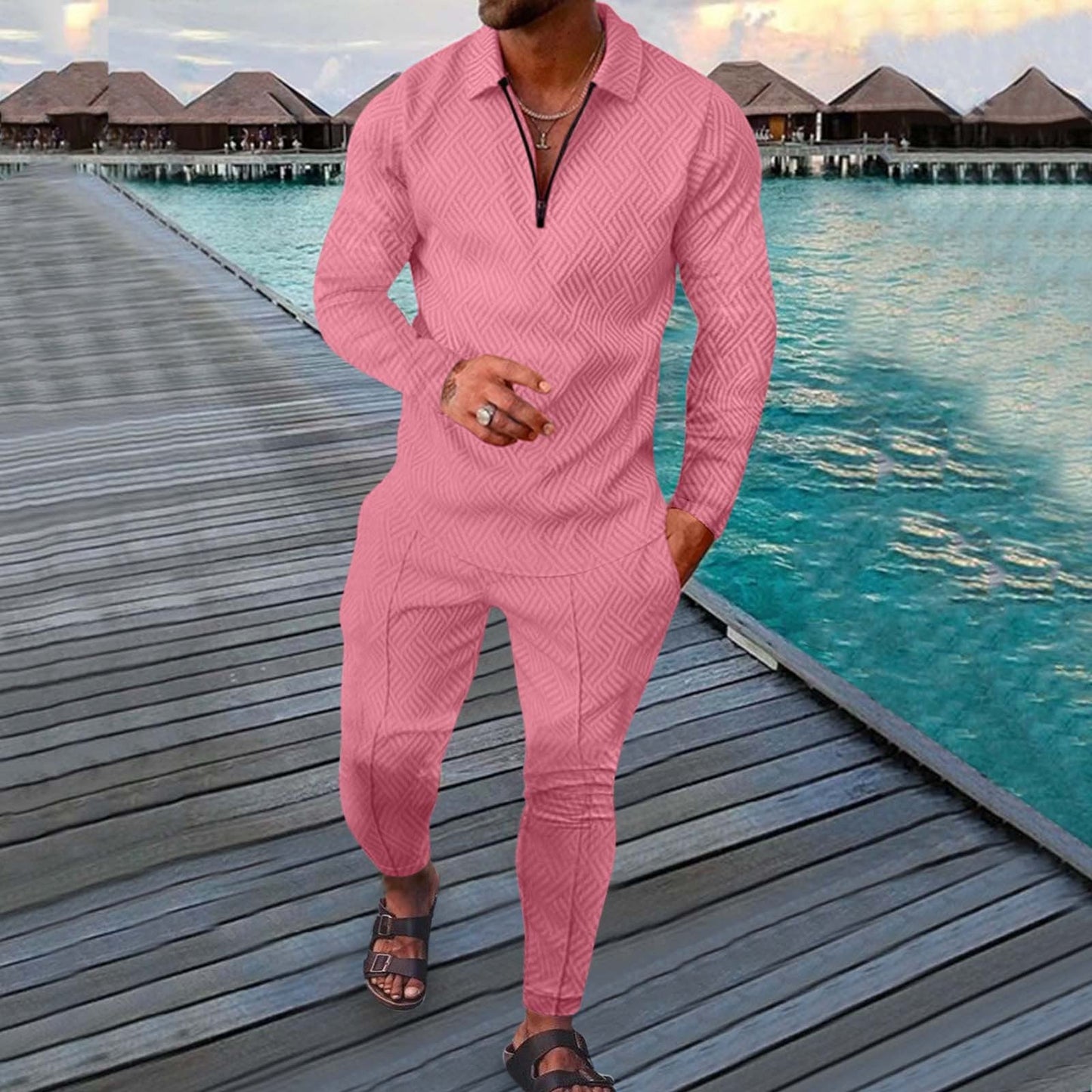 Men's Two Piece Slim Fit Sports Leisure Suit With Breathable 3D Print Long Sleeve Polo By Street-Wave