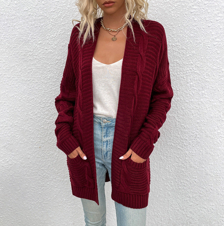 Chunky Knit Cardigan For Women Street Wave Cozy Structured Design With Large Pockets