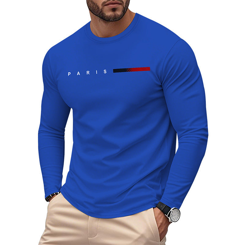 Street Wave Paris Print Long Sleeve Tee For Men With Elastic Hem And Breathable Cotton