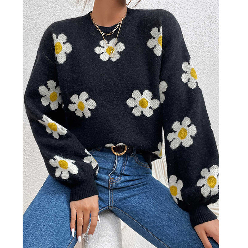 Street-Wave Floral Daisy Sweater For Women With Soft Cotton Knit And Voluminous Sleeves