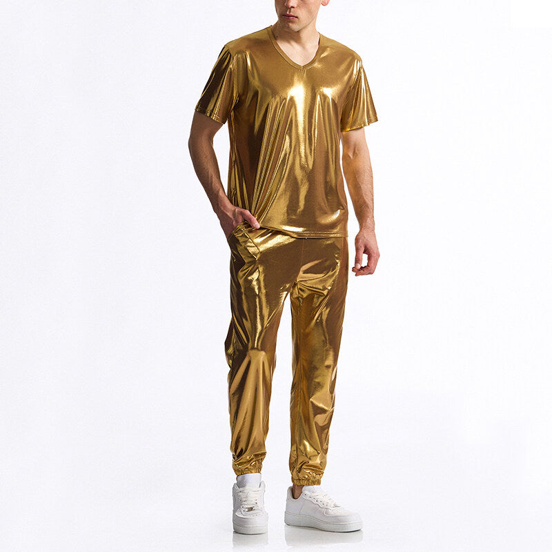 Street-Wave Men's Premium Shiny Metallic Sports Set With V-Neck Tee And Elastic Waistband